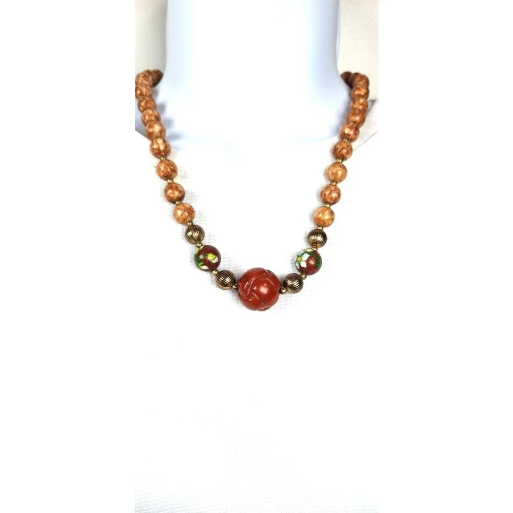 Vintage Carved Red Jasper & Cloisonne Beaded Statement Necklace 18